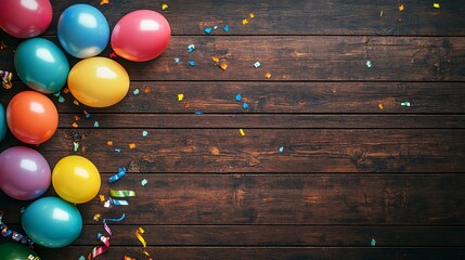 Obraz premium Colorful balloons and confetti on a rustic wooden table