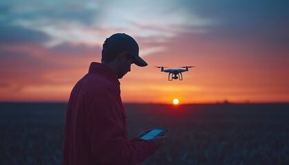 A young man in a red jacket controlling a drone with a tablet against a sunset background.