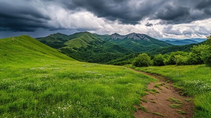 Naklejka premium Serene Green Landscape with Rolling Hills and Dramatic Clouds Over Majestic Mountain Range