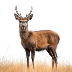 Wild Deer Stag Standing: Majestic Antlers in Nature's Grassland Habitat - Wildlife Photography of Free Roaming Animals in Scenic Forest Background