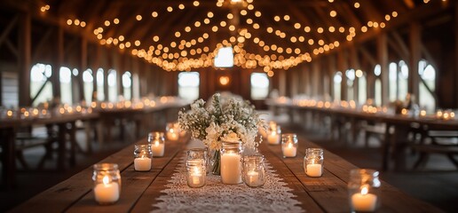 Obraz premium Rustic Wedding Reception in a Barn with String Lights and Candles
