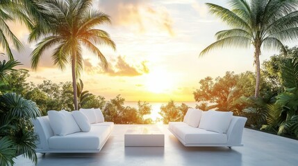 Fototapeta premium Tropical paradise view with white sofas