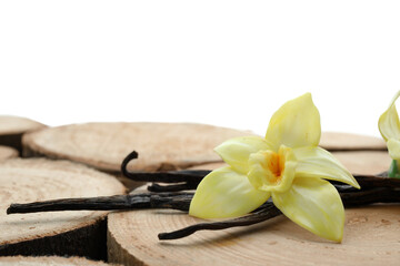 Aromatic vanilla pods and flower on table against white background