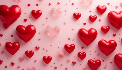 A Shower Of Crimson Hearts Celebrating Boundless Love And Affection On Valentines Day, A Romantic Pink Backdrop With Glistening Highlights