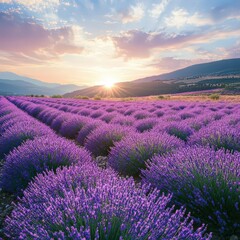 Fototapeta premium Magnificent Landscape with Expansive Lavender Flowers Blooming Under Sunshine