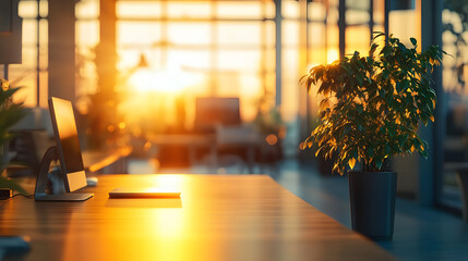 Modern office interior with warm sunlight and a blurred background for video conferencing
