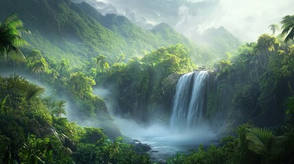 Fototapeta premium Lush tropical jungle landscape featuring a cascading waterfall and misty atmosphere