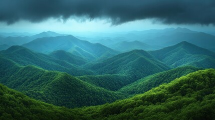 Lush mountain range under a brooding sky.  Rolling hills of vibrant green forest meet a hazy, blue mountain range beneath a dramatic overcast sky