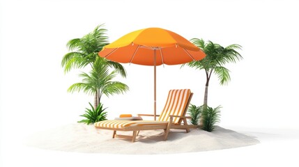 A beach chair and umbrella are set up on the sand, ready for relaxation under the sun.