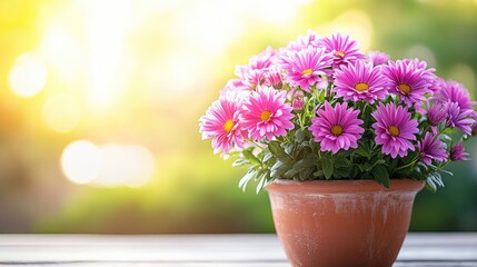 Fototapeta premium A cluster of blooming purple daisies in a clay pot, bathed in gentle golden sunlight