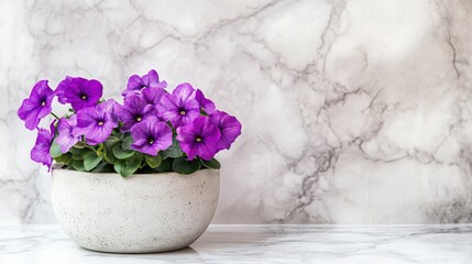 Fototapeta premium A contemporary concrete pot with bright purple African violets sitting on a white marble countertop