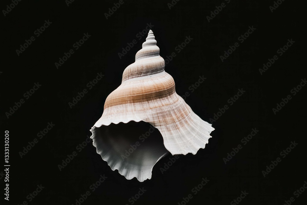Poster close up of a beautifully textured seashell with intricate patterns on a black background, highlight