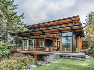 Naklejka premium Modern home with large windows and natural wood construction