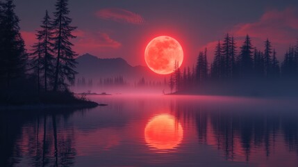 Red moon reflecting in misty forest lake at sunset
