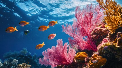 Numerous fish swim gracefully around vibrant coral reefs in clear blue water.