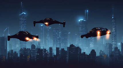 Futuristic city skyline at night with three sleek hovercrafts flying above illuminated skyscrapers