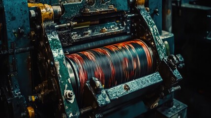 A fast-moving industrial roller press flattening materials, showcased on a dark blue background