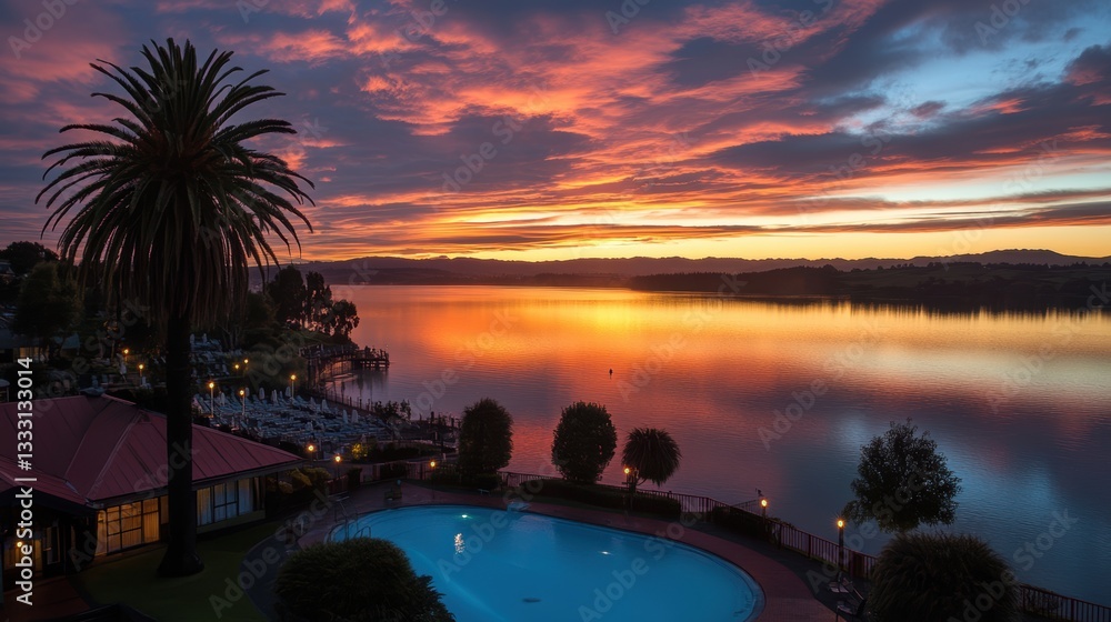 Poster serene sunset reflecting on a pool with a palm tree in a tranquil resort setting.