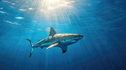 Obraz premium A great white shark swimming through crystal-clear blue waters, sunlight filtering through the ocean surface