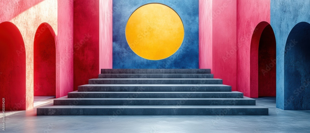 Poster a vibrant room featuring a unique circular window, filled with color and light.