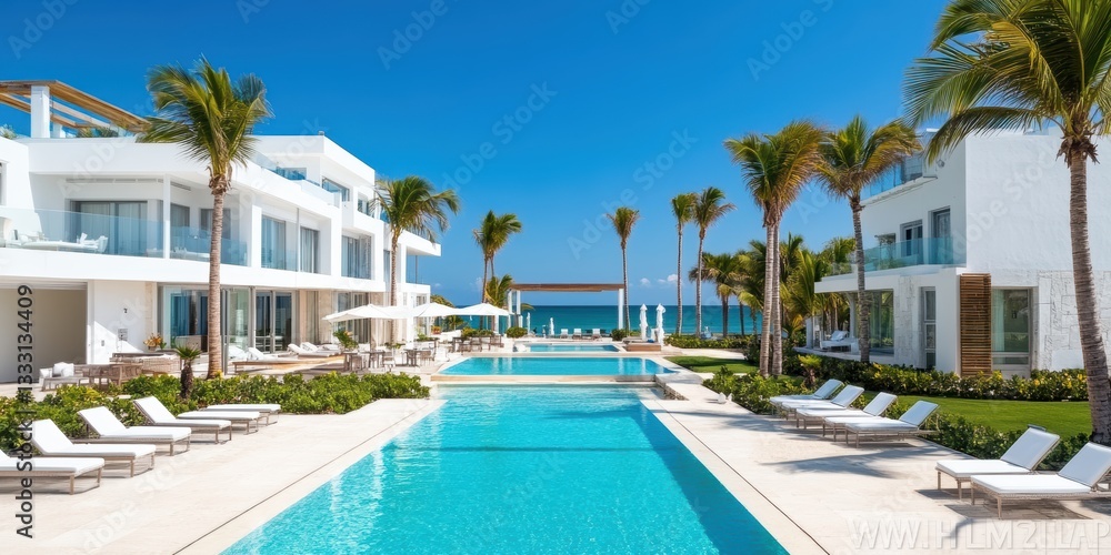 Poster aerial view of a pool featuring lounge chairs and palm trees in a sunny setting.