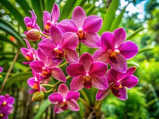 Drone View: Vibrant Pink Dendrobium Orchids Blooming on Lush Green Tree Branches in Garden