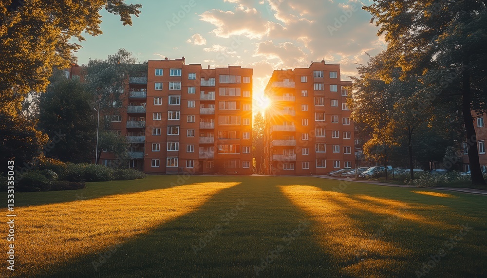 Poster sunlight filters through trees, illuminating a building in a tranquil park setting.