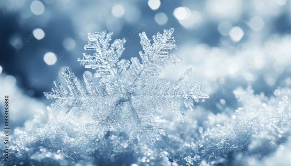 Poster a delicate snowflake rests on a blue backdrop adorned with shimmering bokeh lights.