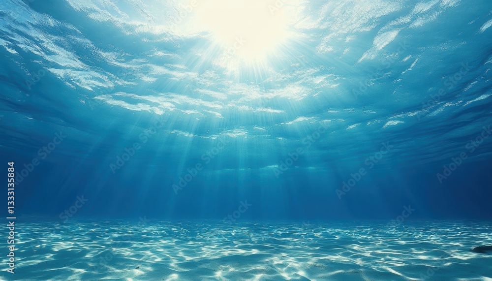 Poster sunlight filters through crystal blue ocean water, creating shimmering patterns and reflections.