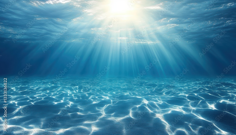 Poster sunlight filters through the clear blue ocean water, creating shimmering patterns.