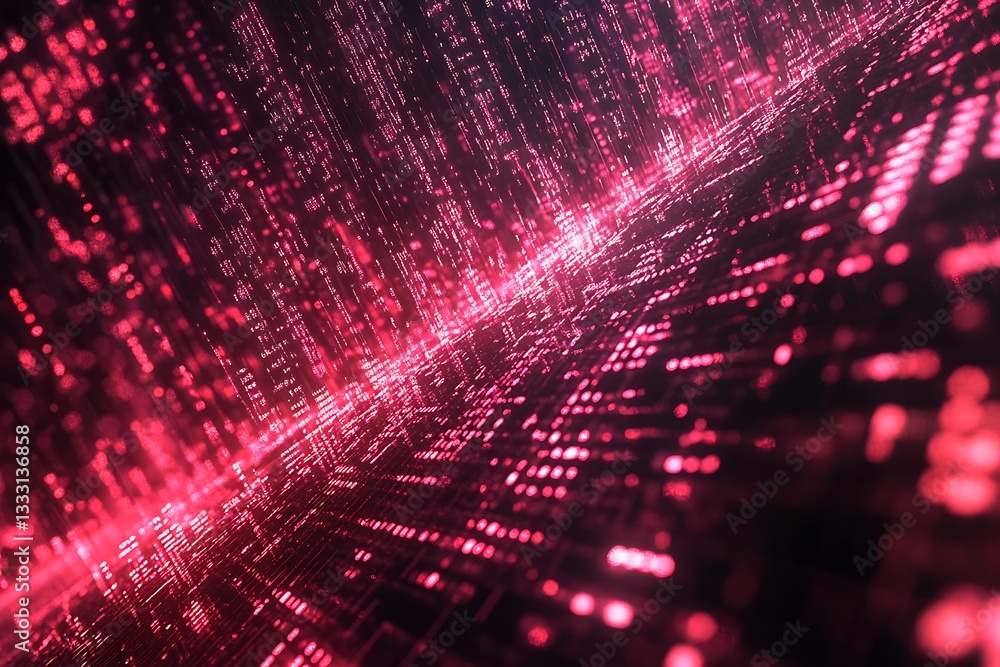 Fototapete Abstract Red Digital Data Stream Cityscape Futuristic Technology Background