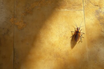 Cockroach on Yellow Surface with Shadow and Texture Highlights