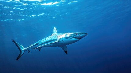Fototapeta premium A mako shark swimming at high speed, its streamlined body reflecting the light from the deep blue sea