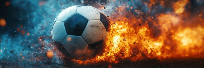 Fototapeta premium Explosive Soccer Ball Amid Fiery Background with Dynamic Motion Effects