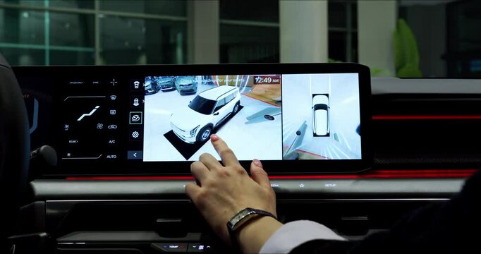 Electric car interior details adjustments. Inside car interior, driver and passenger, multimedia, windows, console, electric buttons, digital speedometer. modern navigation 3D system dashboard view
