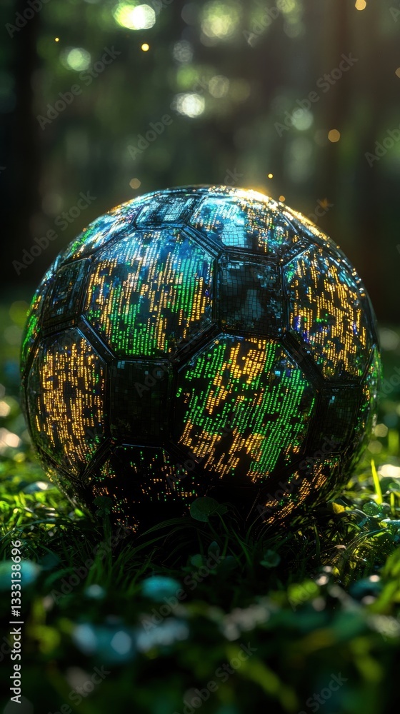 Poster futuristic soccer ball with digital patterns in forest setting