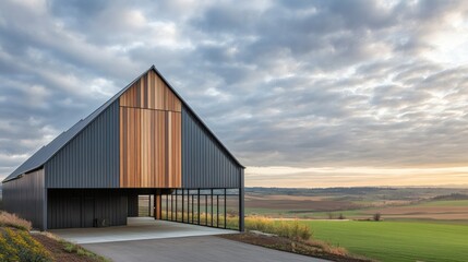 Obraz premium Modern Barn House Constructed Among Rural Fields Under a Cloudy Sky
