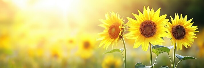 Obraz premium Two vibrant sunflowers stand tall in a sunlit field under a bright sky.