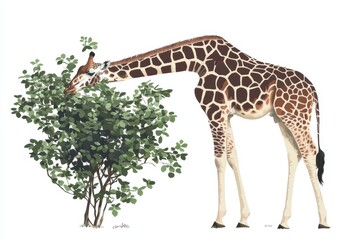 Obraz premium Giraffe Eating Leaves from a Bush in Nature Setting