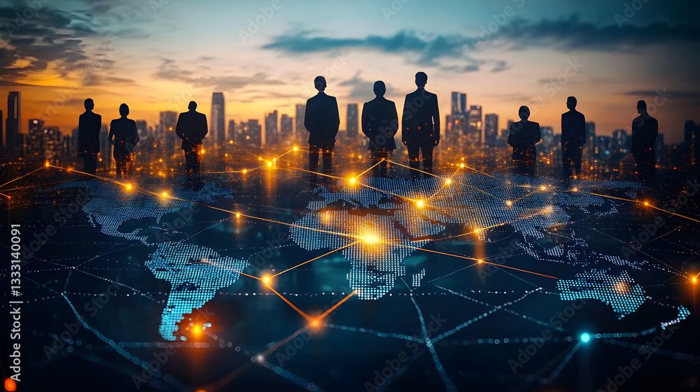 Aufkleber global communication network concept with interconnected business nodes and human resources collabor