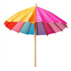 Obraz premium Bright umbrella with a wooden handle set against a clean white background.