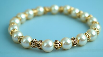 A pearl and gold station necklace artistically placed on a pastel sky-blue background