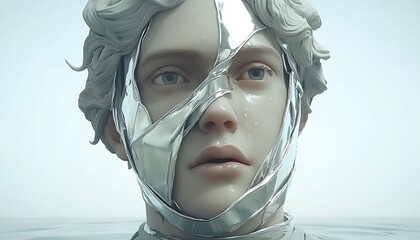 Silver-Wrapped Sculpture Emerging from Water.