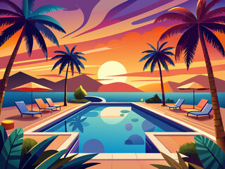  vector of  Piscine et palmiers au coucher du soleil