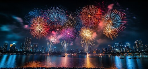 Spectacular Fireworks Display Over a City Skyline Reflected in the Water