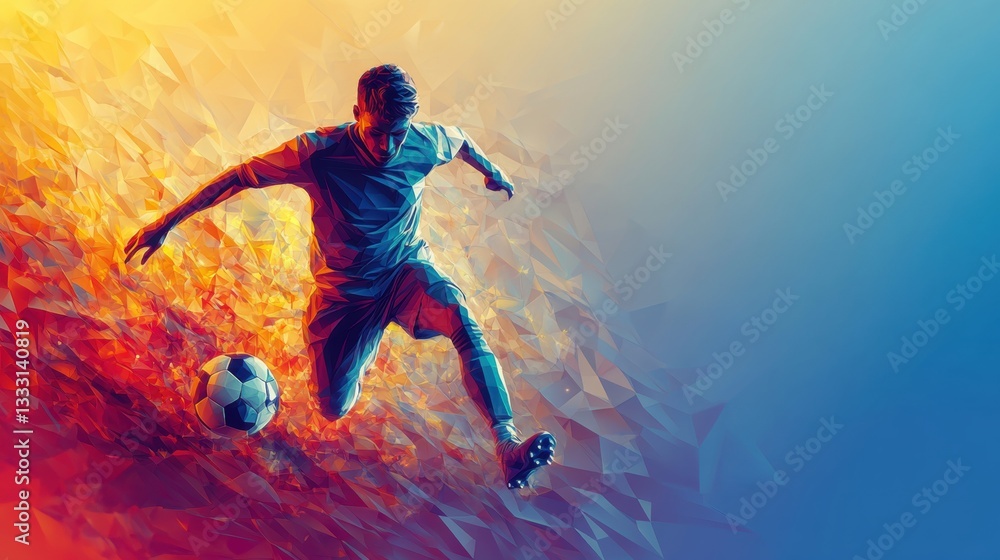 Poster dynamic soccer player in action with colorful background effects