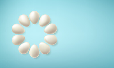 Blank white egg render, blue color carton background. Happy Easter hen chicken, duck cook package, vector 3d food png. Yolk bead, pure shell, farm protein concept. Round layout, organic breakfast.