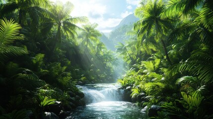 Fototapeta premium Lush tropical rainforest with a flowing waterfall