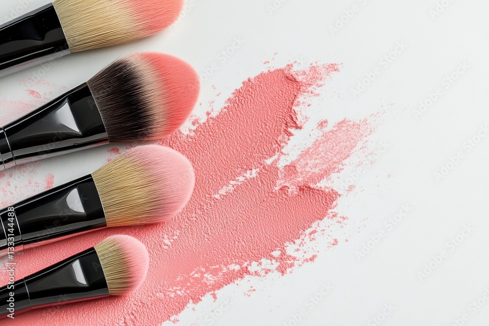 Poster scattered makeup brushes displaying blush strokes in soft pastel colors on a light surface for artis