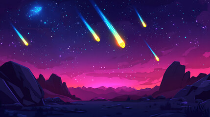 Vibrant night sky filled with shooting stars over a serene mountain landscape at dusk